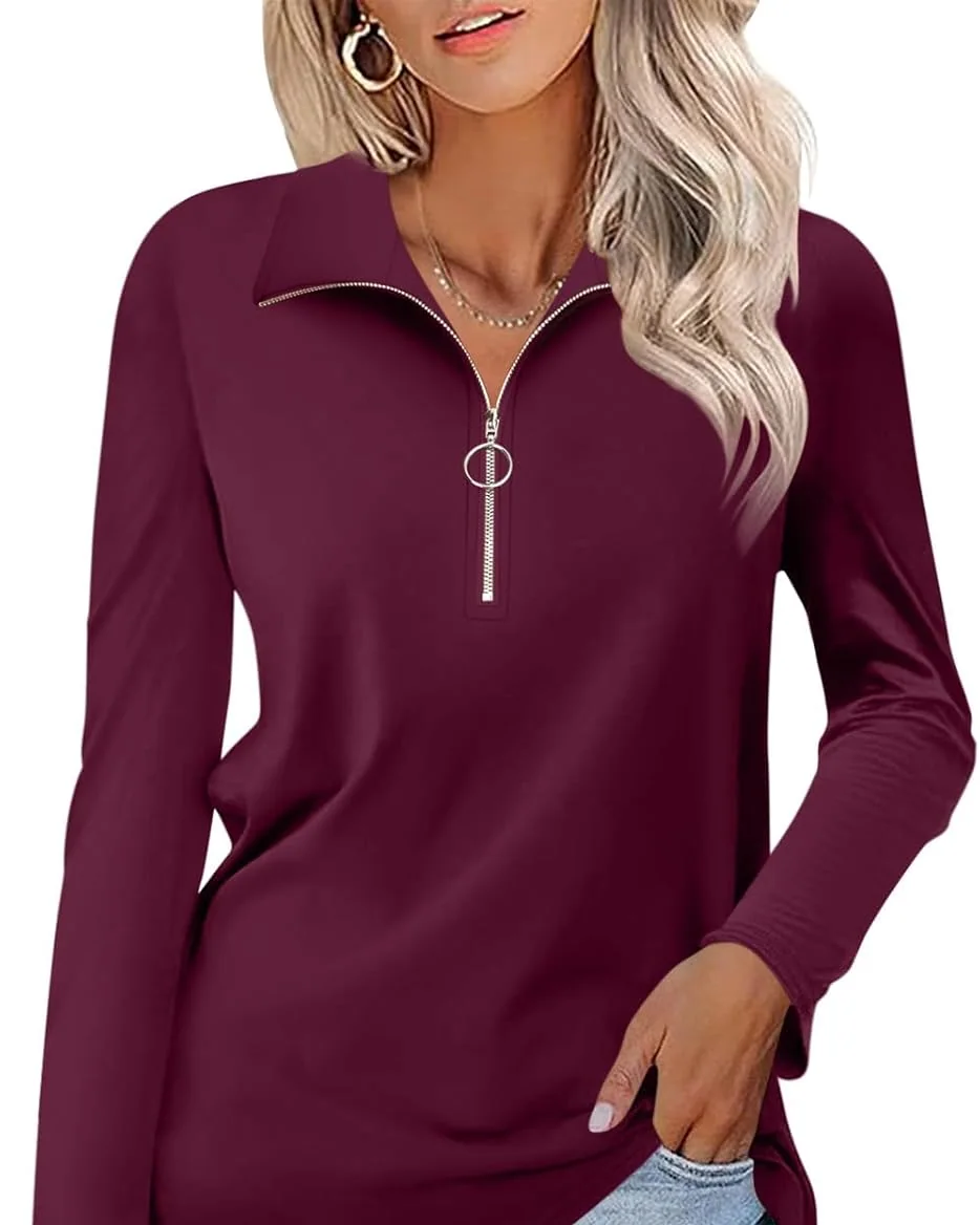 Minetom Womens Long Sleeve Shirts 1/4 Zipper Pullover V Neck Collar Tops, Wine Red, Small, photo 15