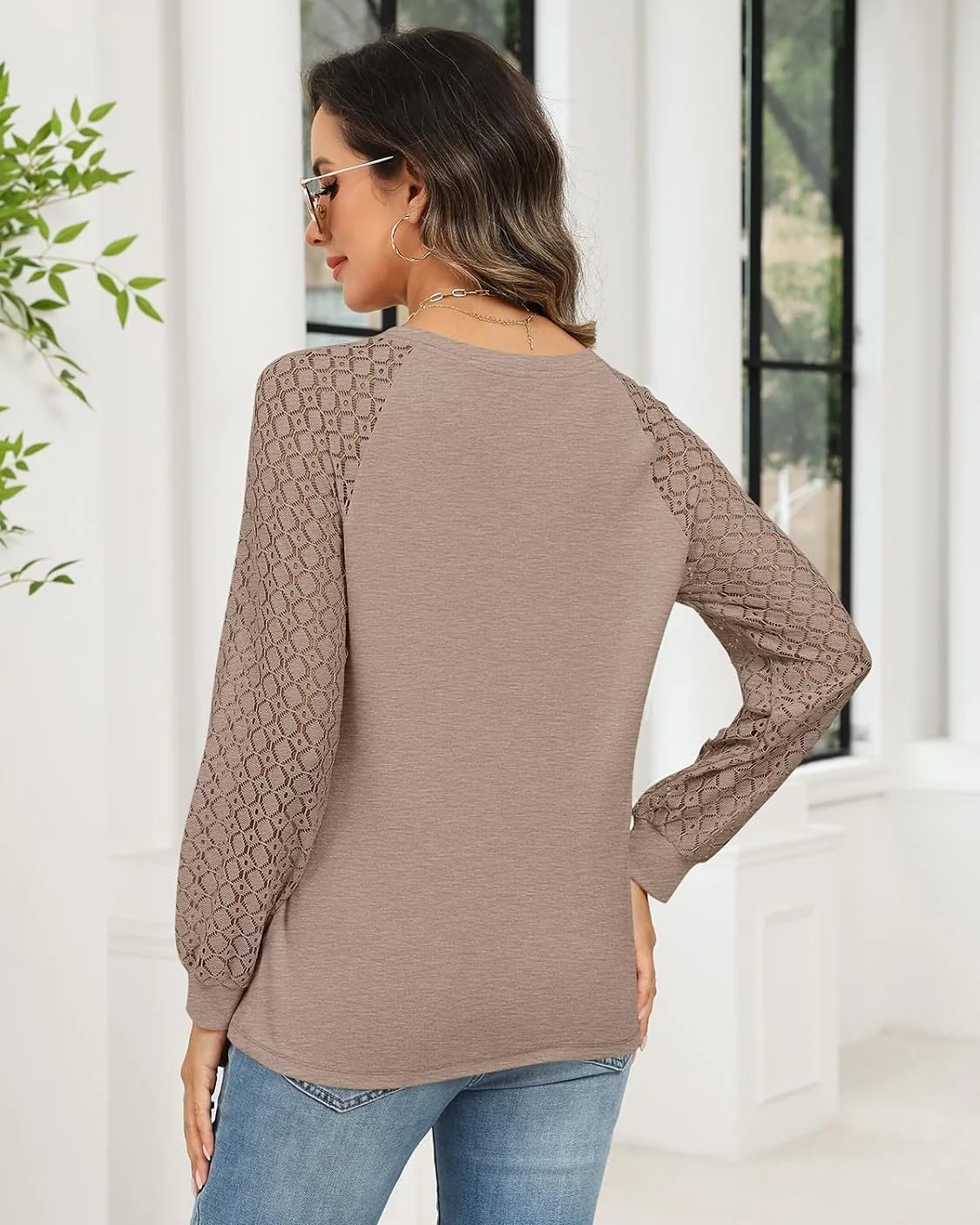 Minetom Women's Lace Long Sleeve Tops Henley Shirts Casual Blouses Tees, photo 5