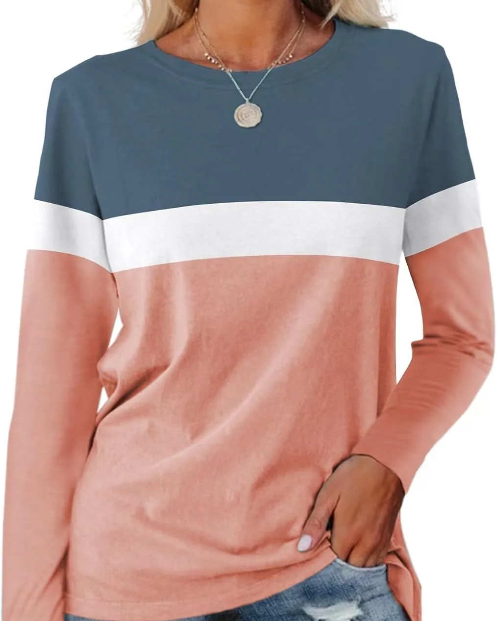 Minetom Women's Color Block Tunic Tops Casual Long Sleeve Shirts Round Neck, Blue-white-pink, Small, photo 1