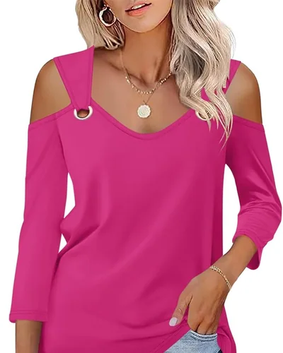 Minetom Women's V Neck 3/4 Sleeve Shirts Cold Shoulder Tops 2026 Fall Tees, thumbnail 9