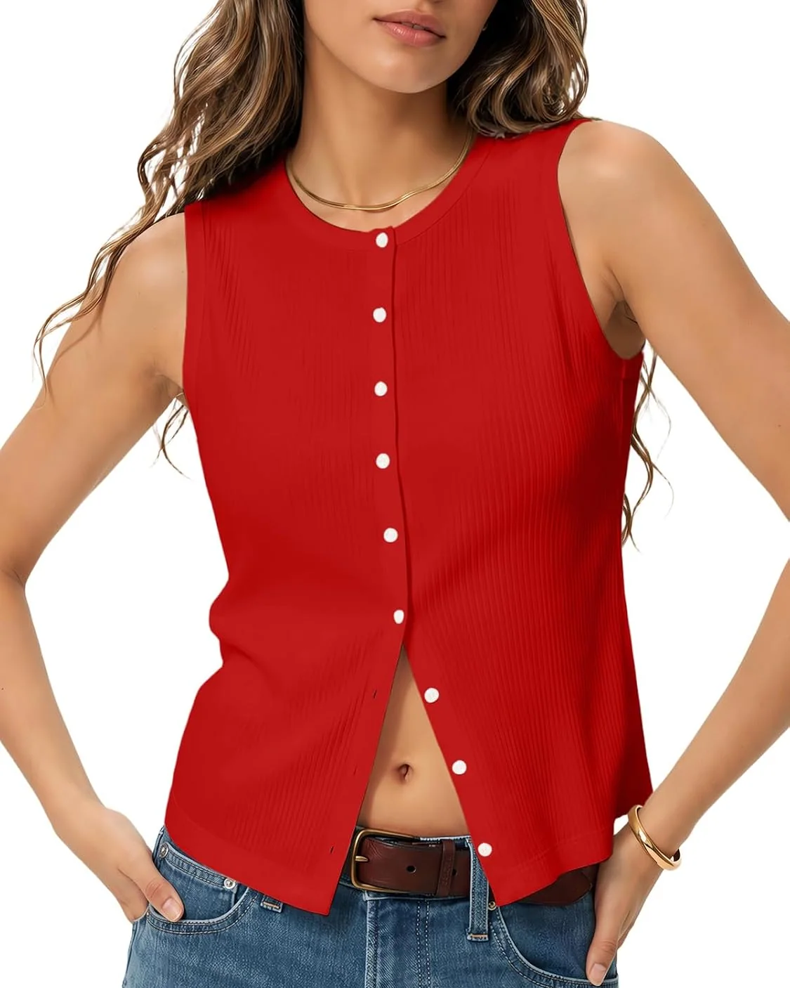 Minetom Womens Sleeveless Button Down Shirts Ribbed Tank Tops Pink, Red, Small, photo 4