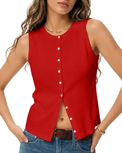 Minetom Womens Sleeveless Button Down Shirts Ribbed Tank Tops Pink, thumbnail 4