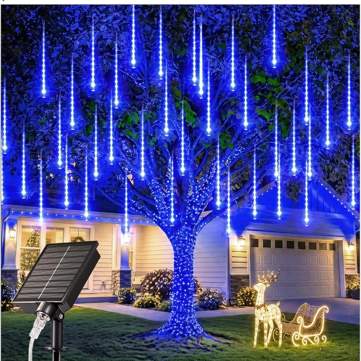 Minetom Solar Meteor Shower Lights Outdoor, 16 Tubes 384 LED Rain Drop Lights, Blue, 12 Inch 16 Tube 384 LED, photo 2