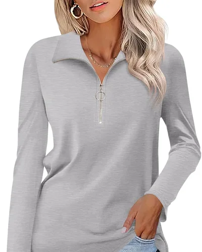 Minetom Womens Long Sleeve Shirts 1/4 Zipper Pullover V Neck Collar Tops, thumbnail 22