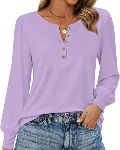 Minetom Womens Long Sleeve Shirts Henley Button Up Blouse 2026 Fall Tops, thumbnail 20