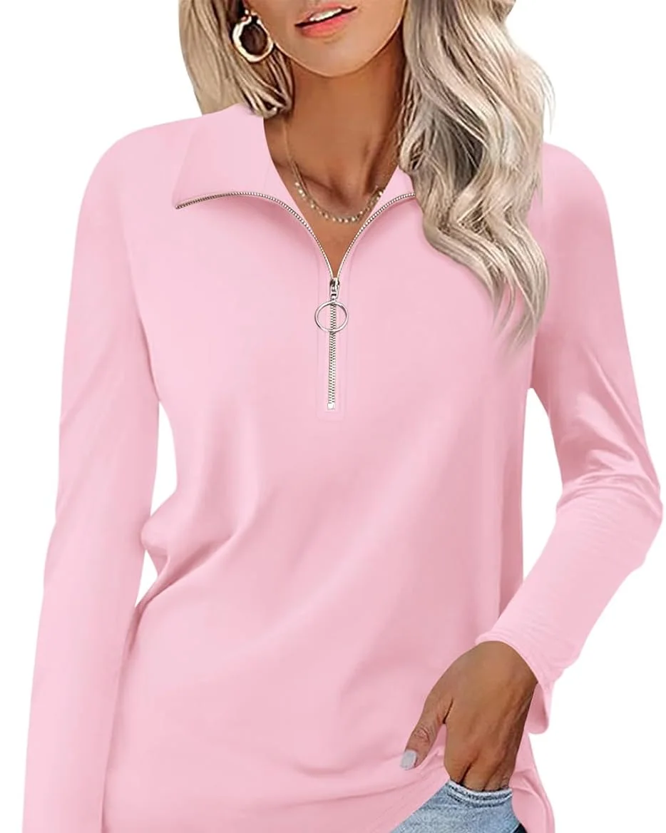 Minetom Womens Long Sleeve Shirts 1/4 Zipper Pullover V Neck Collar Tops, Light Pink, Small, photo 23
