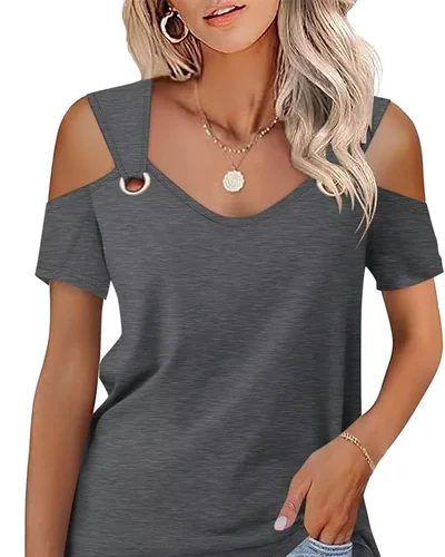 Minetom Women's Cold Shoulder Tops Short Sleeve V Neck T Shirts Summer Tee, thumbnail 12