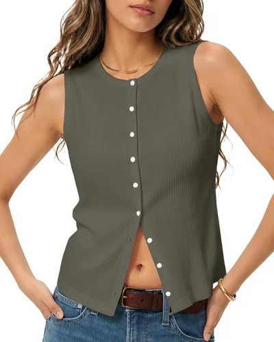 Minetom Womens Sleeveless Button Down Shirts Ribbed Tank Tops Pink, thumbnail 6