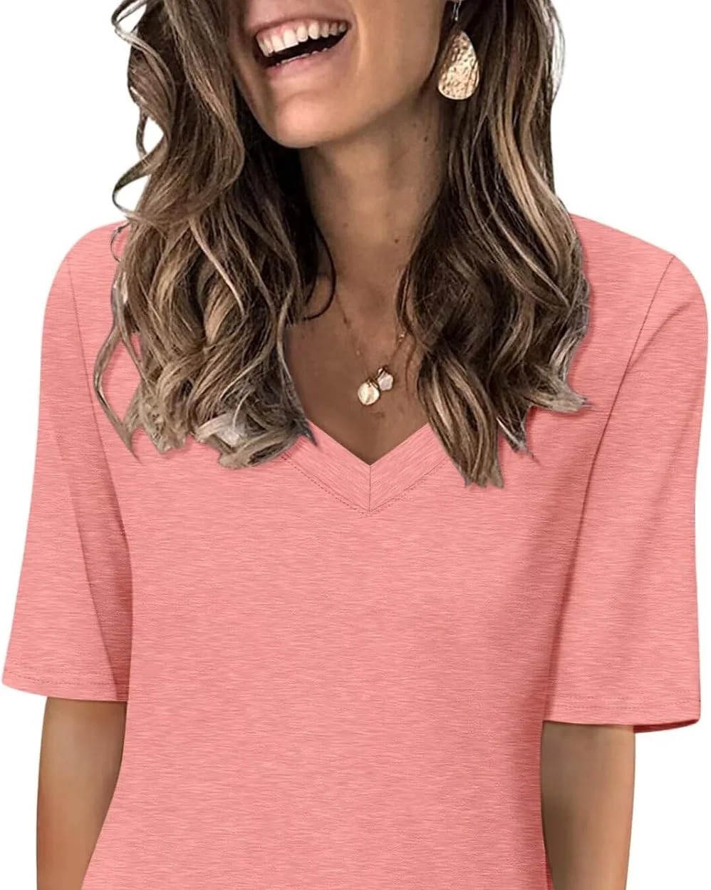 Minetom Women's V Neck T Shirts Casual Half Sleeve Tops Basic Summer Tees, Coral, Small, photo 23