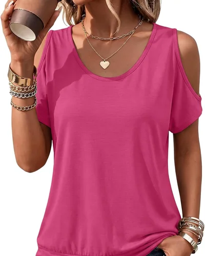 Minetom Womens Cold Shoulder Tops Banded Bottom Shirts Short Sleeve Shirts, thumbnail 9