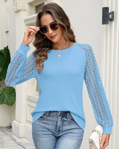 Minetom Womens Lace Tops Long Sleeve Shirts Dressy Casual Blouses Trendy, thumbnail 3