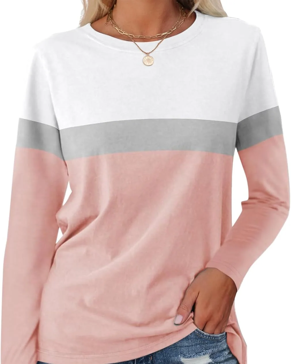 Minetom Women's Color Block Tunic Tops Casual Long Sleeve Shirts Round Neck, White-gray-pink, Small, photo 11