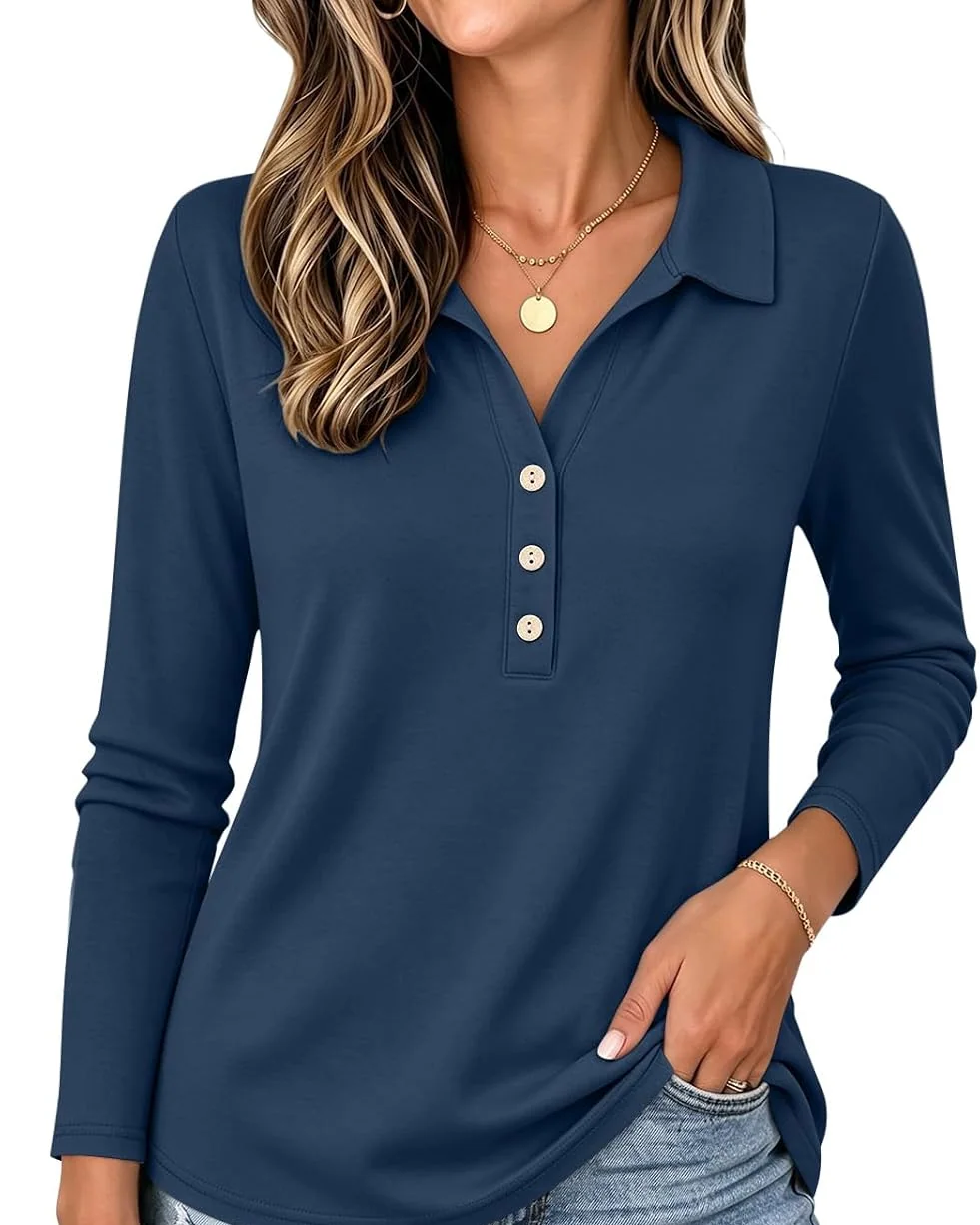 Minetom Womens Long Sleeve Tops Collared Button Up Shirts, Navy Blue, Small, photo 10